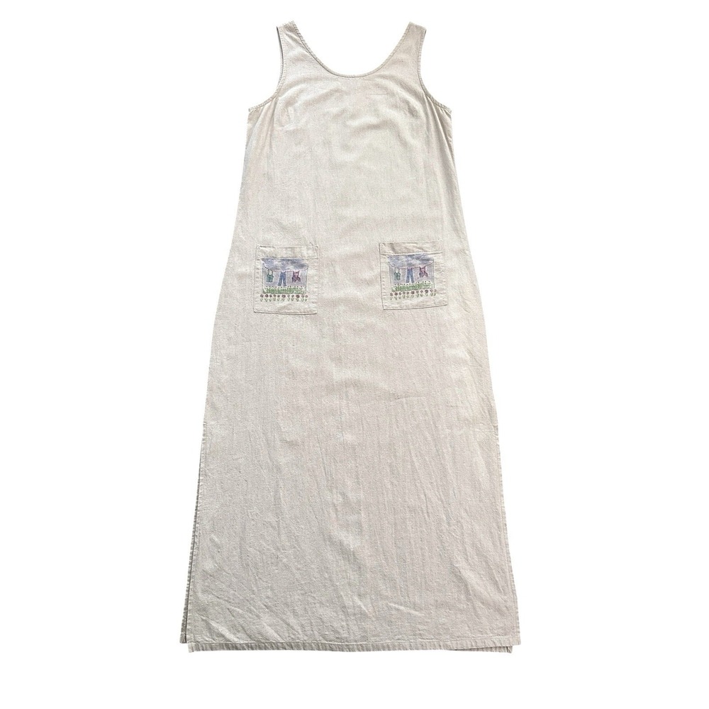 Vintage Alexandra Lee Shift Dress Beige Linen Size 14 Natural Lagenlook Cottage